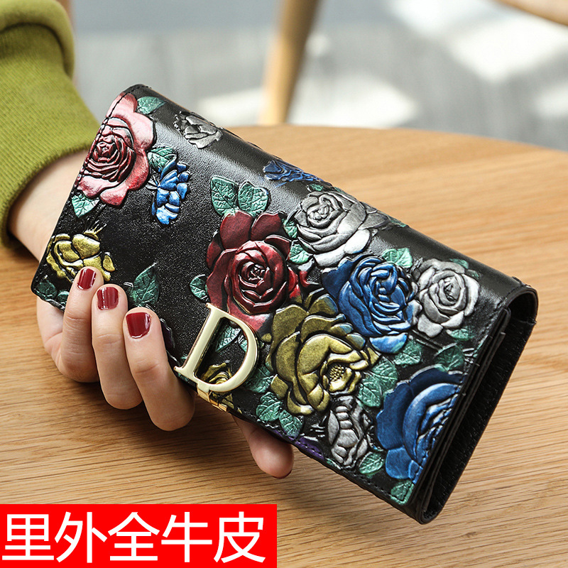 Factory Direct Sale Classic Long Women's Wallet Genuine Calfskin Leather Original Retro Ethnic Style 3D Printed Money Clip Wholesale