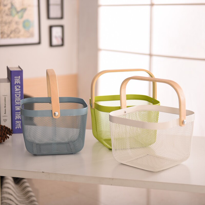 Factory Direct Metal Iron Mesh Basket Household Hollow Storage Basket Wooden Handle Fruit Basket Hand Gift Hand-held Basket Factory Direct Metal Iron Mesh Basket Household Hollow Storage Basket Wooden Handle Fruit Basket Hand Gift Hand-held Basket