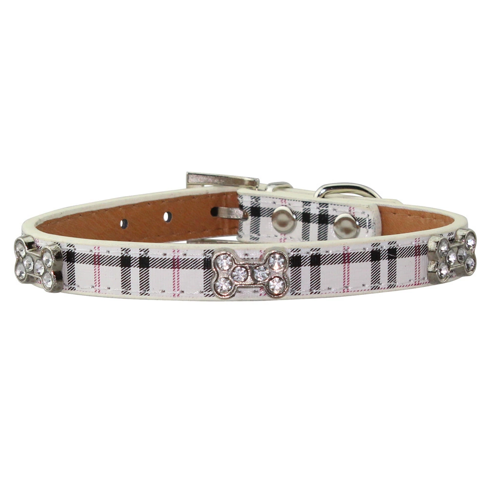Factory direct sales classic Scottish plaid PU rhinestone bone pet collar dog leash pet supplies wholesale