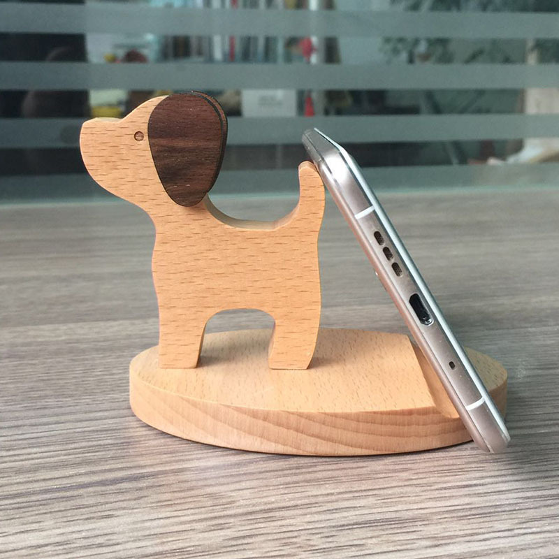 Nuevo soporte de teléfono móvil de escritorio de madera creativa dibujos animados animal cachorro