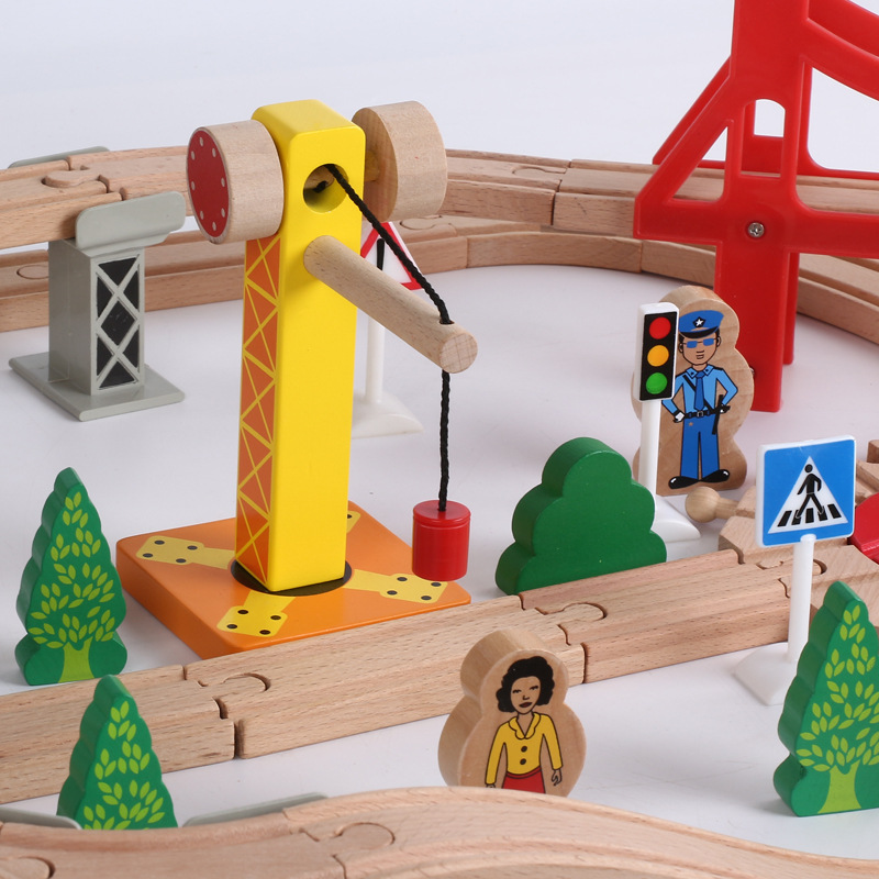 Selección estricta de 100 piezas de madera maciza escena de tránsito ferroviario pequeño traje de tren de madera DIY bloques de construcción Juguetes