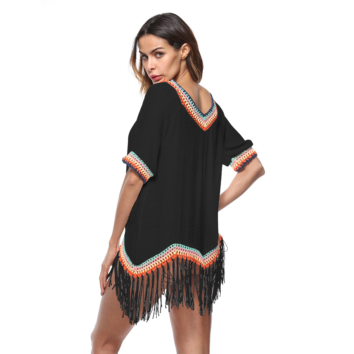 Womens Beach Cover Up Spring Summer Patchwork Design Fringe Detail Sun Protection Wholesale Available
