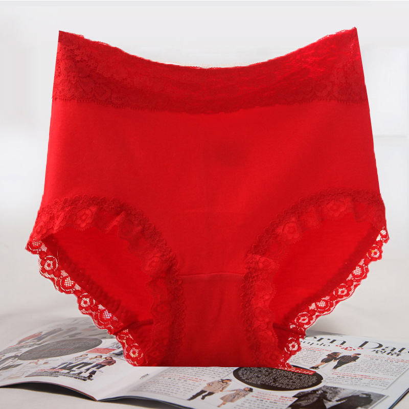 Women's Underwear, Pure Cotton Crotch, Antibacterial, Mid-High Waist, Tummy Control, Plus Size, Lace Trim, Full Cotton, Hip-Hugging Briefs, Red