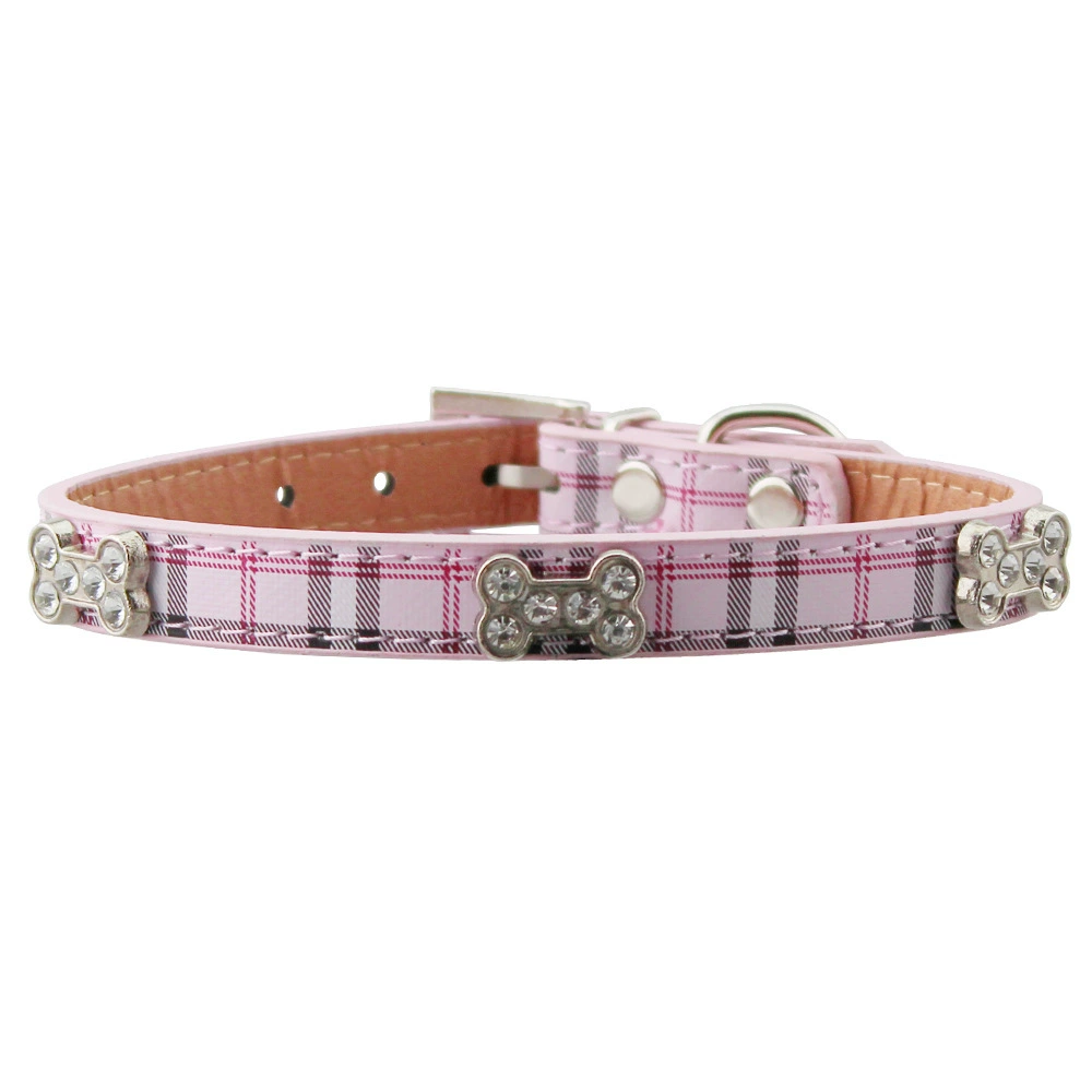 Factory direct sales classic Scottish plaid PU rhinestone bone pet collar dog leash pet supplies wholesale