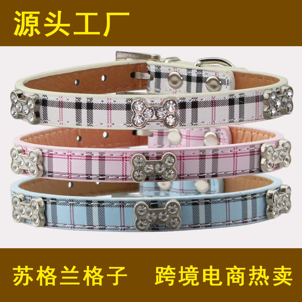 Factory direct sales classic Scottish plaid PU rhinestone bone pet collar dog leash pet supplies wholesale