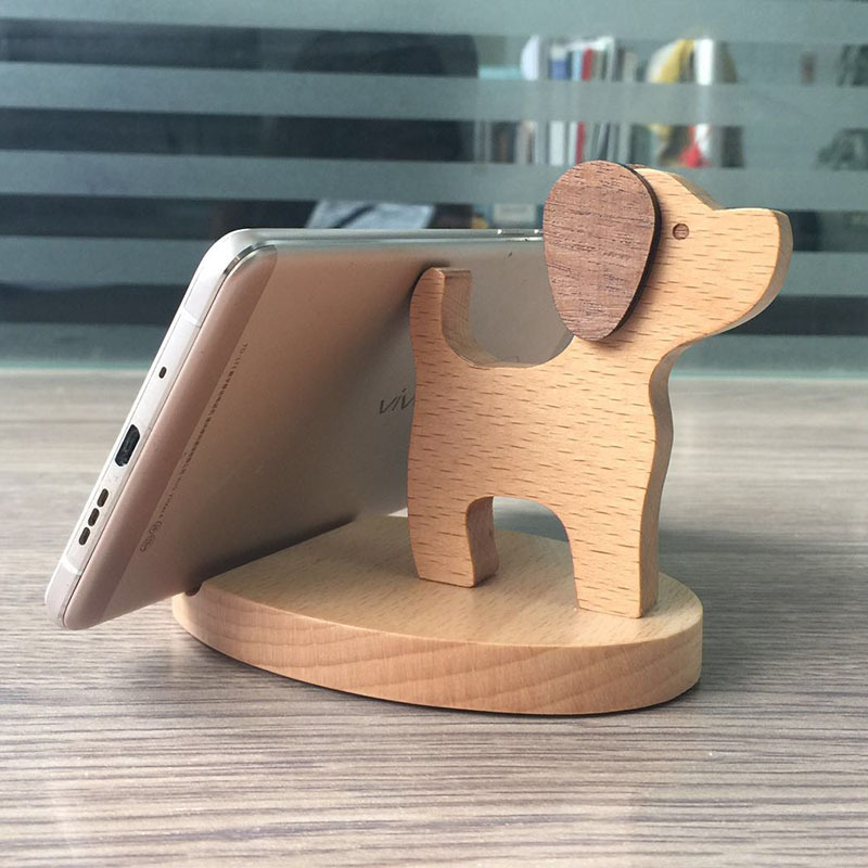 Nuevo soporte de teléfono móvil de escritorio de madera creativa dibujos animados animal cachorro