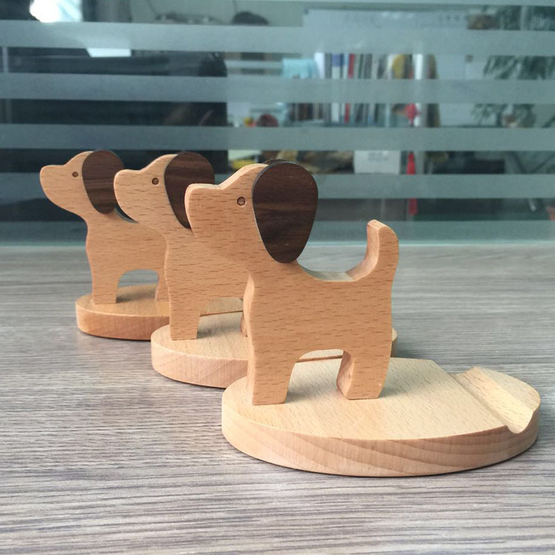 Nuevo soporte de teléfono móvil de escritorio de madera creativa dibujos animados animal cachorro