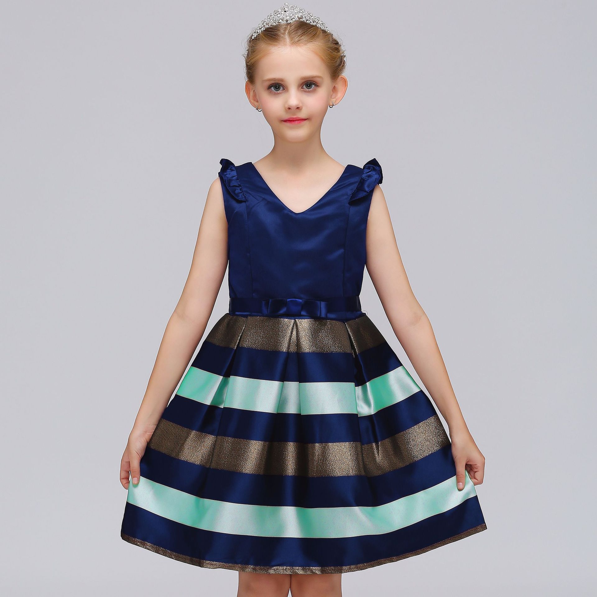 Customized Princess Dress European and American Cross-border Sleeveless Lace dress Striped Red Blue Deep V Children's Dress Customized