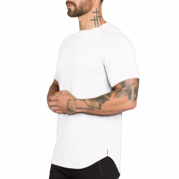 Comercio exterior color sólido blanco fitness hombres larga transpirable deportes camiseta de moda de los hombres slim fit verano bodybuilding manga corta hombres