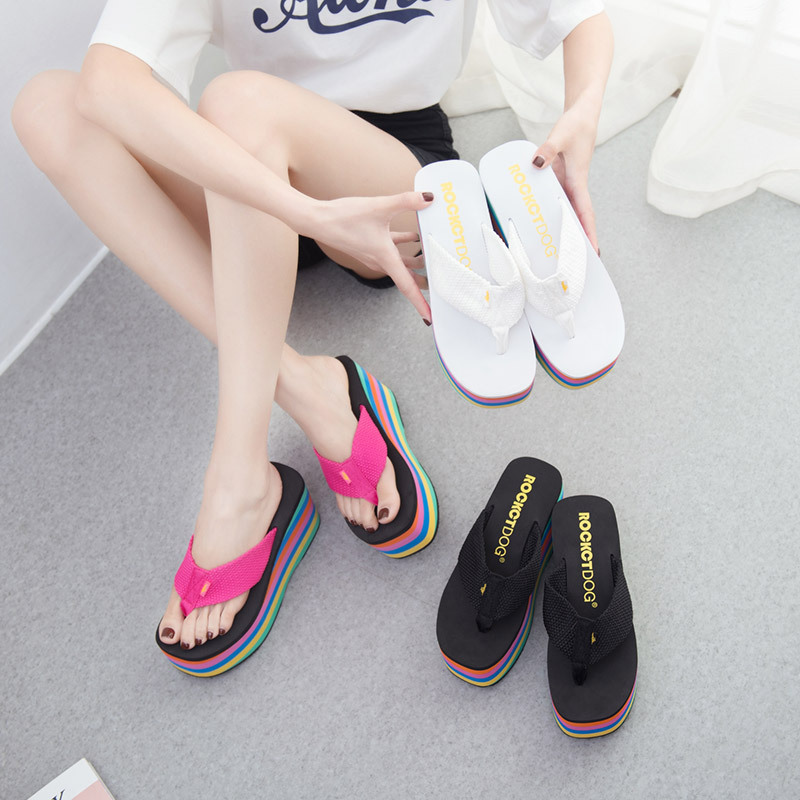 Summer Rainbow Thick-Soled Sandals, Super High-Heeled Flip-Flops, Women's Colorful Spring Women's Shoes, Casual Beach Flip-Flops