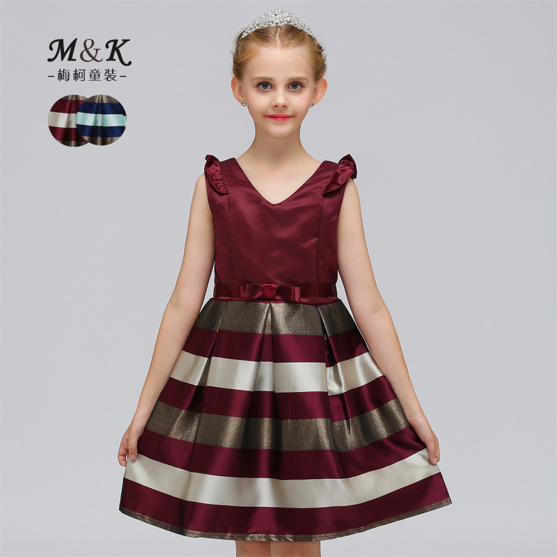 Customized Princess Dress European and American Cross-border Sleeveless Lace dress Striped Red Blue Deep V Children's Dress Customized