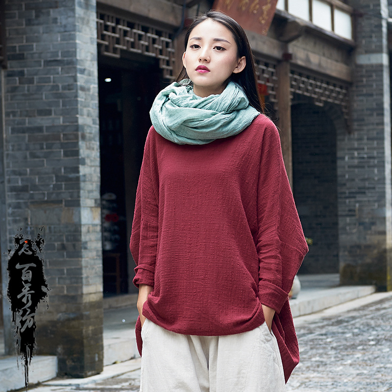 2024 primavera y verano nianbaixiu ropa de mujer de algodón y lino nuevo transpirable adelgazamiento retro nacional moda mujer de manga larga pullover camiseta