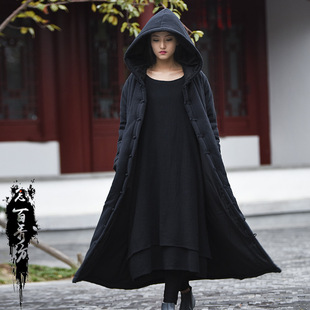 2024 Autumn and Winter Cotton and Linen Women's New Witch Robe Hooded Retro Double Layer Wrinkled Cloth Warm Women's Long Coat