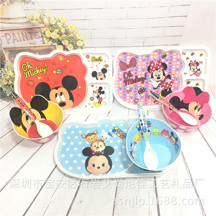 New Cartoon Melamine Children's Tableware Three-compartment Plate Baby's Dinner Plate Bowl Cartoon Bowl and Spoon Portable Tableware Set