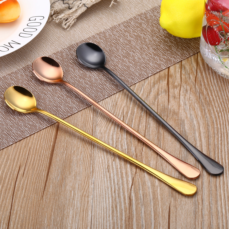 Cuchara de acero inoxidable cuchara de hielo cuchara de condimento de mango largo chapada en oro agitación cuchara redonda de hielo miel