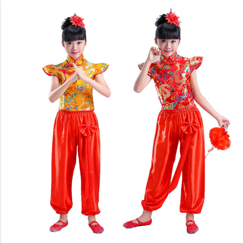 Children's Performance Costumes Dragon Brocade Festive Yangko Costumes Toddler Dragon and Phoenix Drum Costumes National Dance Waist Drum Performance Costumes Wholesale