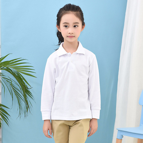 Children's T-shirt long-sleeved pure cotton white lapel boys polo shirt girls bottoming shirt primary school uniforms for older children