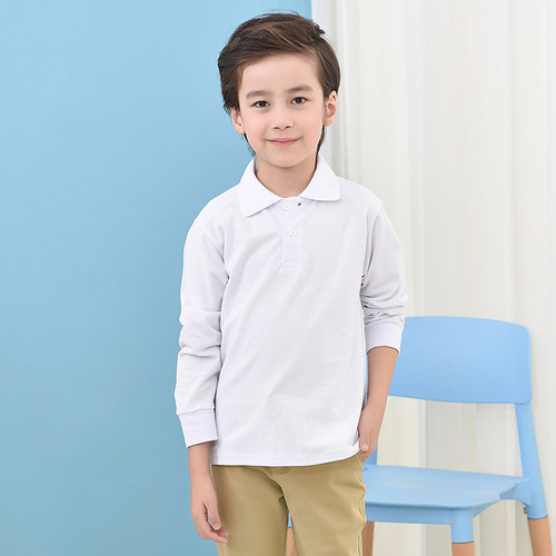 Children's T-shirt long-sleeved pure cotton white lapel boys polo shirt girls bottoming shirt primary school uniforms for older children