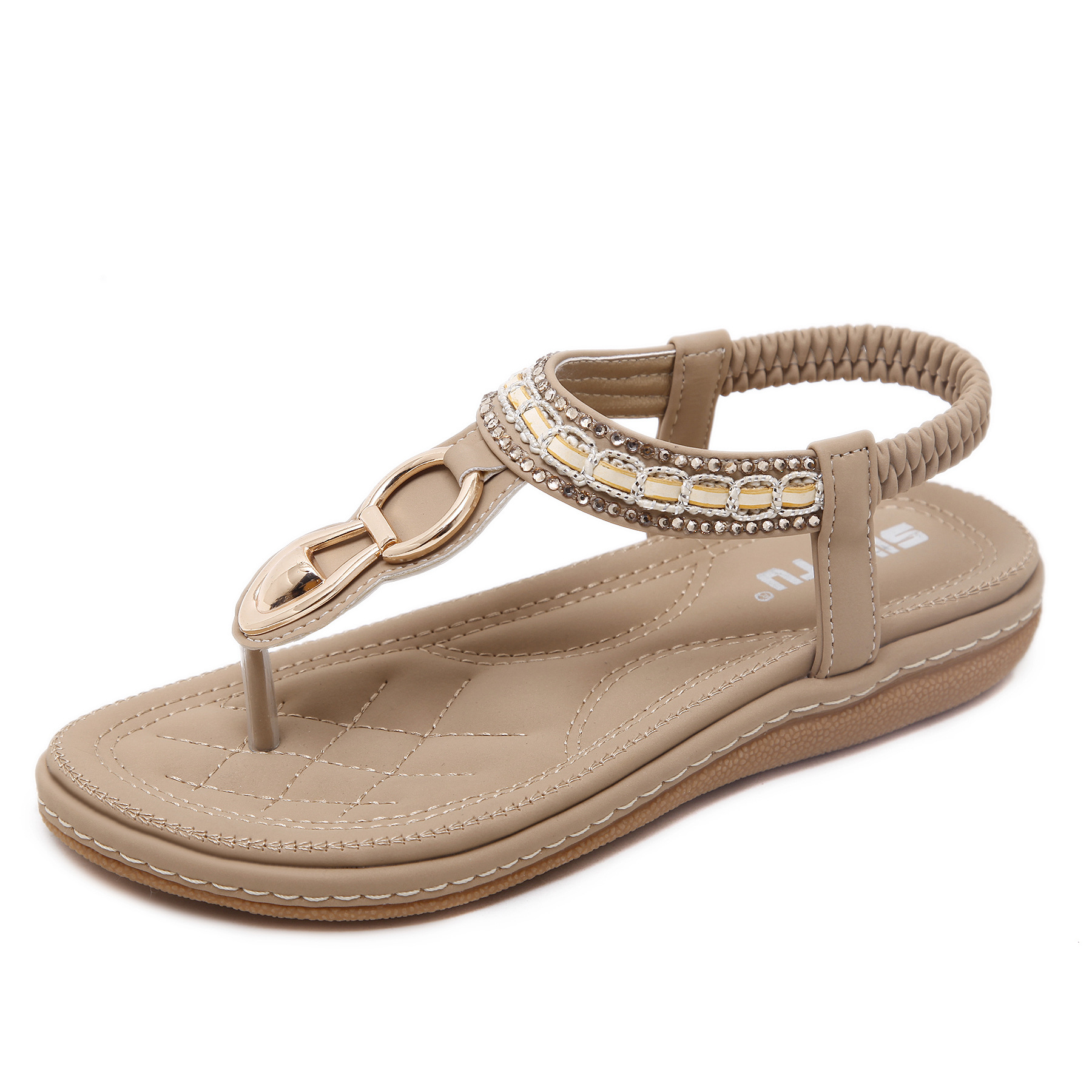 Verano 2024 sandalias de mujer europeas y americanas transfronterizas playa metal rhinestone zapatos planos más tamaño zapatos de mujer al por mayor