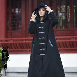25秋冬棉麻女装新品念百秀纺水洗皱布复古女巫袍女式保暖棉服棉衣
