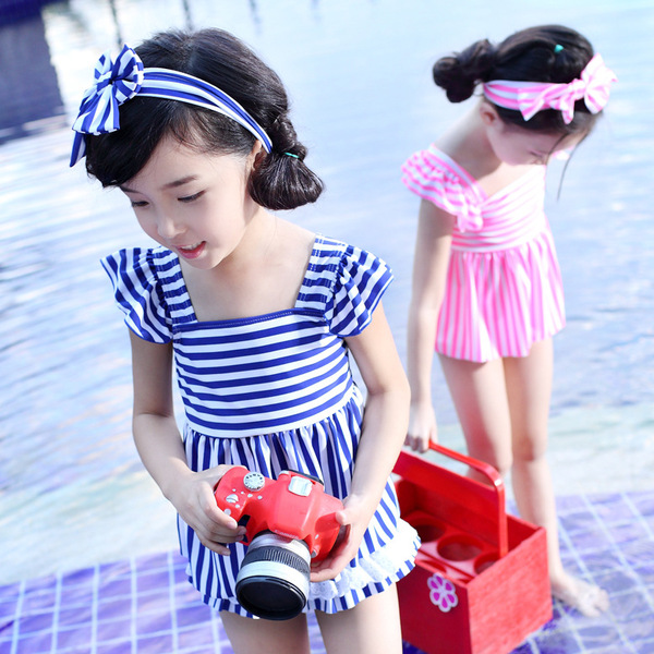 Brand children's split navy lace swimwear for swimming for early age