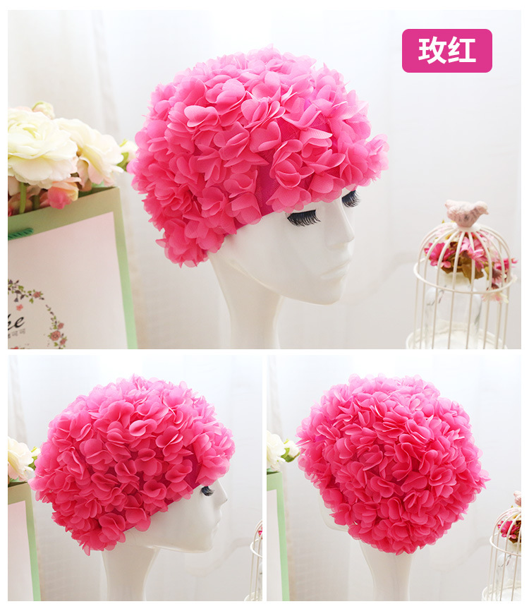 Flor gorro de natación gorro tridimensional pétalo elástico forrado cómodo transpirable de las mujeres de pelo largo gorro de natación