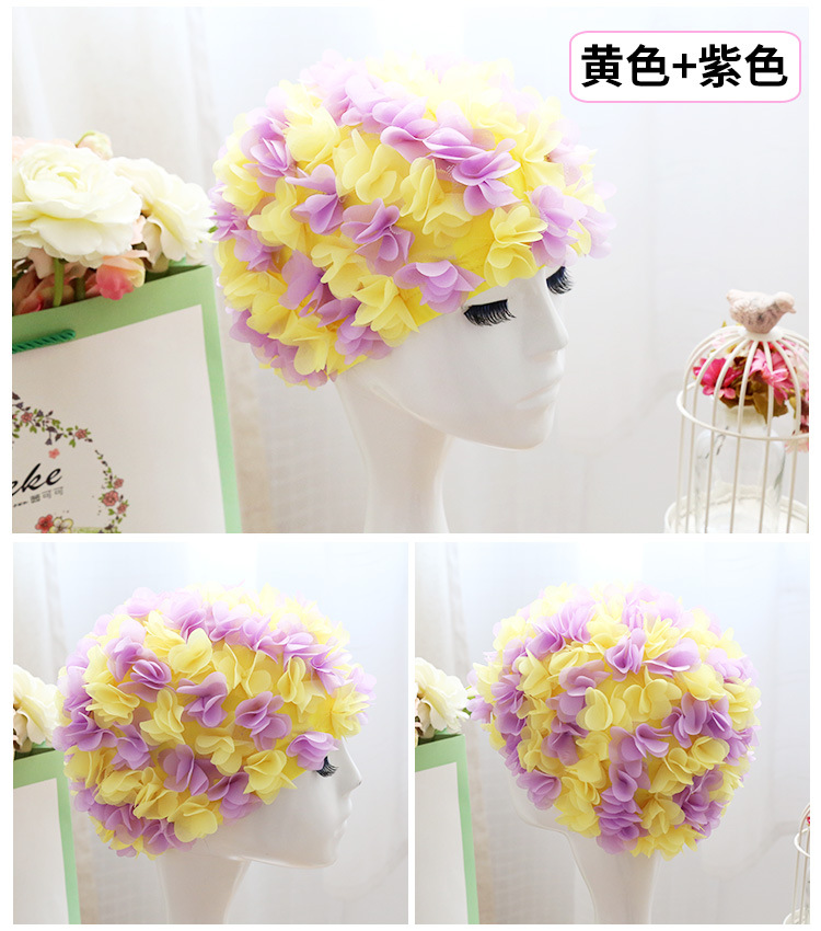 Flor gorro de natación gorro tridimensional pétalo elástico forrado cómodo transpirable de las mujeres de pelo largo gorro de natación
