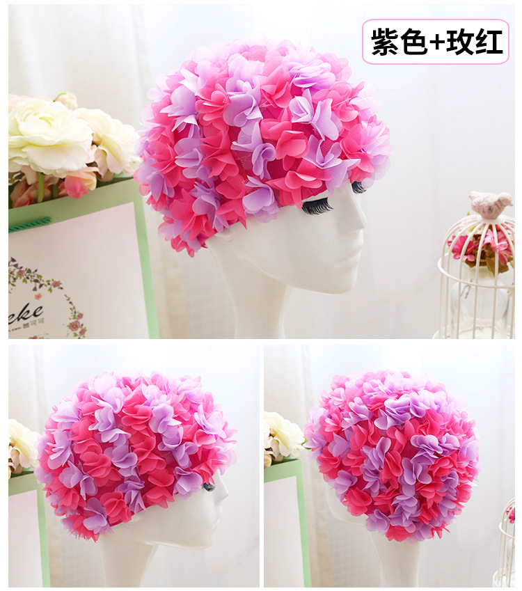 Flor gorro de natación gorro tridimensional pétalo elástico forrado cómodo transpirable de las mujeres de pelo largo gorro de natación