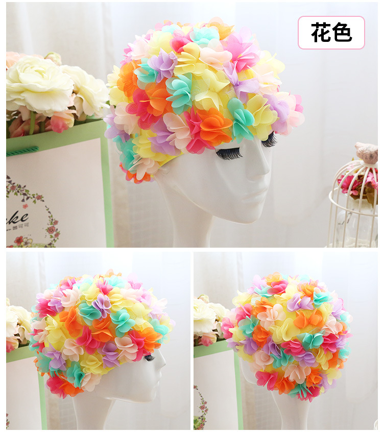 Flor gorro de natación gorro tridimensional pétalo elástico forrado cómodo transpirable de las mujeres de pelo largo gorro de natación