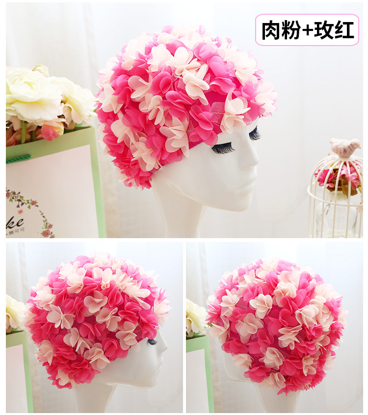Flor gorro de natación gorro tridimensional pétalo elástico forrado cómodo transpirable de las mujeres de pelo largo gorro de natación