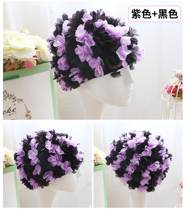 Flor gorro de natación gorro tridimensional pétalo elástico forrado cómodo transpirable de las mujeres de pelo largo gorro de natación