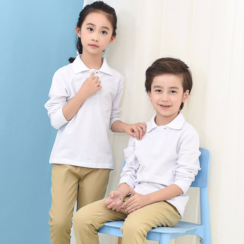 Children's T-shirt long-sleeved pure cotton white lapel boys polo shirt girls bottoming shirt primary school uniforms for older children