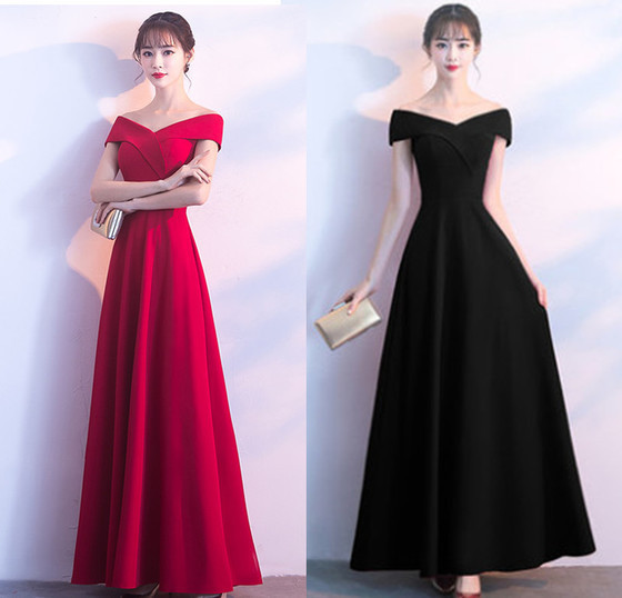 Noble Bridal Toast Dress Host Evening Dress Cross One-Line Collar Off-Shoulder Short-Sleeved Slim Long Dress Elegant