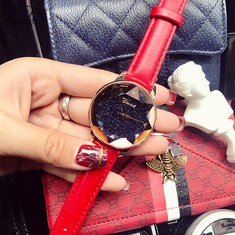 蒂米妮手表满天星腕表时尚休闲八角星表盘真皮表带女士石英手表