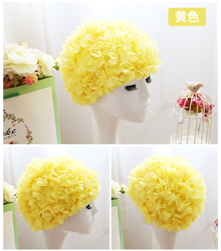 Flor gorro de natación gorro tridimensional pétalo elástico forrado cómodo transpirable de las mujeres de pelo largo gorro de natación