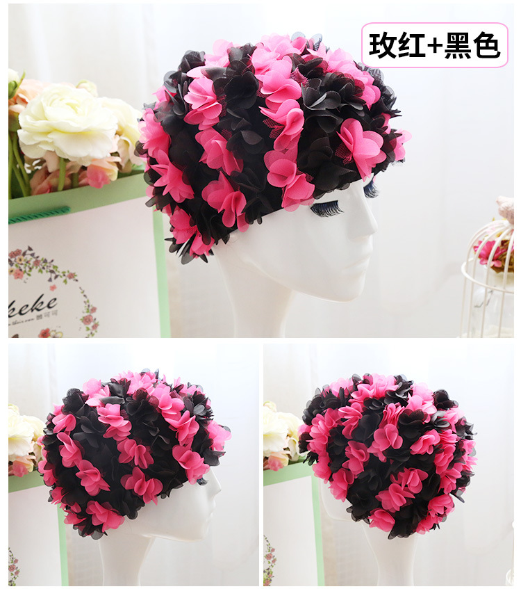 Flor gorro de natación gorro tridimensional pétalo elástico forrado cómodo transpirable de las mujeres de pelo largo gorro de natación