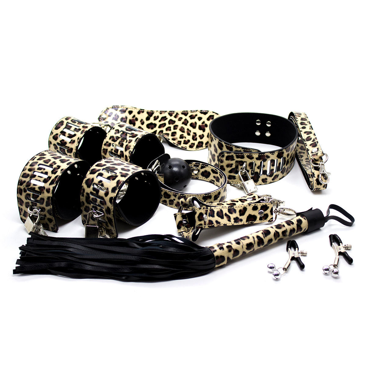 Juego de esposas y tobilleras de cuero con estampado de leopardo del fabricante, juego de cuero de 8 piezas, juego erótico de 10 piezas, juguetes de coqueteo SM de diez piezas.