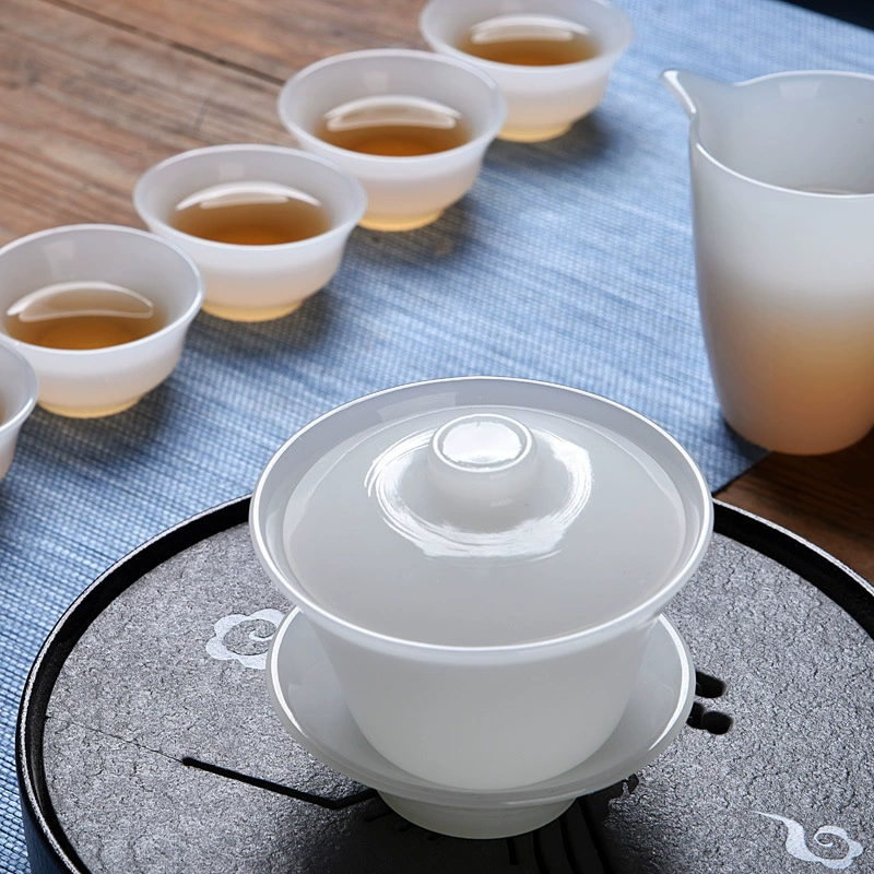 [玉瓷盖碗茶杯六杯阿富汗白瓷公道杯茶壶银鱼杯品茗杯功夫茶具套装]