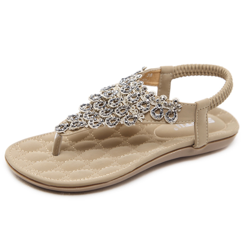 Nuevo 2024 Amazon sandalias de verano encaje rhinestone bohemio Comercio exterior más tamaño goma zapatos planos al por mayor