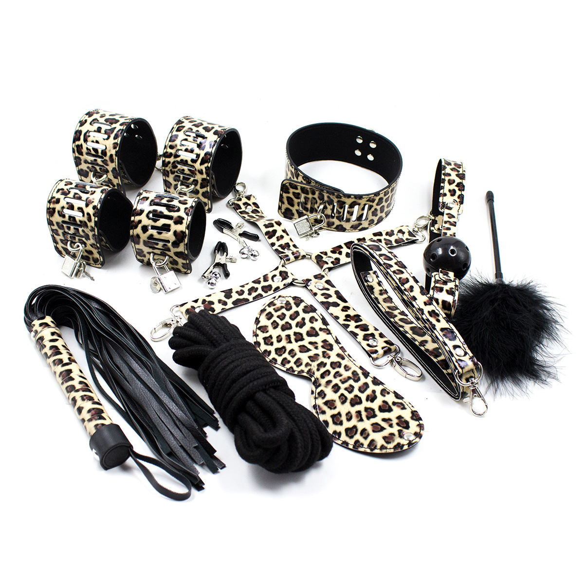 Juego de esposas y tobilleras de cuero con estampado de leopardo del fabricante, juego de cuero de 8 piezas, juego erótico de 10 piezas, juguetes de coqueteo SM de diez piezas.