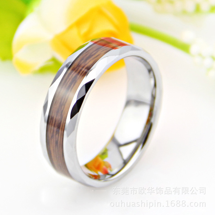 欧美时尚857钨钢戒指银色镶嵌檀木切花男款指环厂家直供纹理珠宝