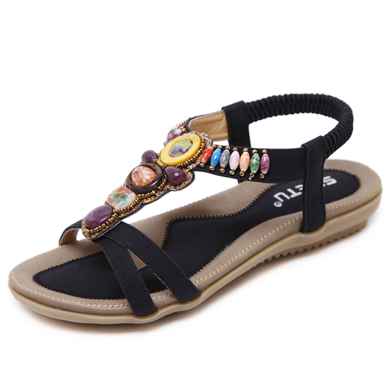 Verano 2024 sandalias de estilo étnico de las mujeres transfronterizas bohemio playa con cuentas retro más tamaño Sandalias planas al por mayor