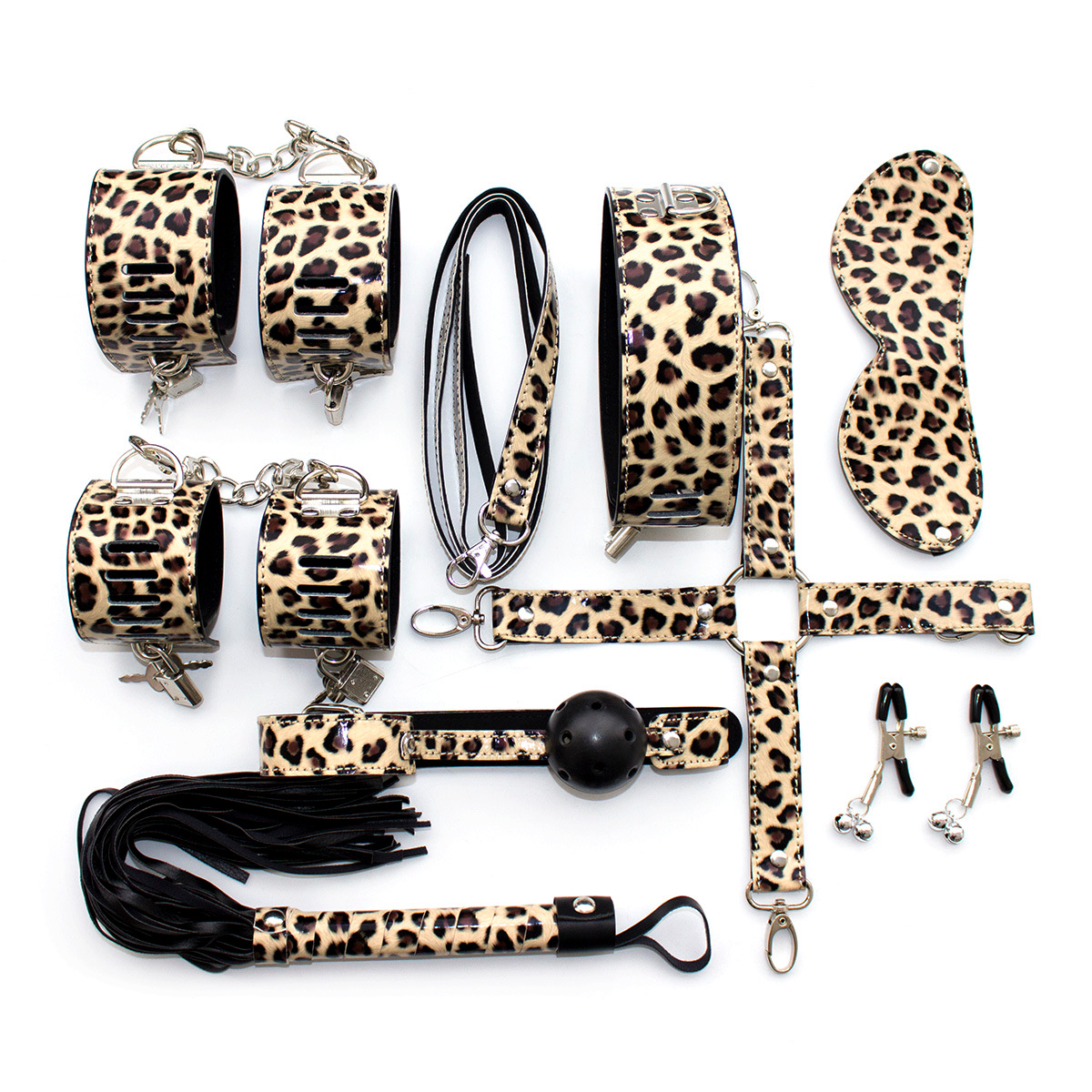 Juego de esposas y tobilleras de cuero con estampado de leopardo del fabricante, juego de cuero de 8 piezas, juego erótico de 10 piezas, juguetes de coqueteo SM de diez piezas.