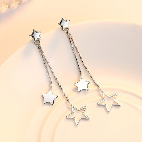 Korean version of exaggerated tassel fashionable earrings for women, white earrings jewelry, women's geometric five-pointed star back-hanging medium-length earrings