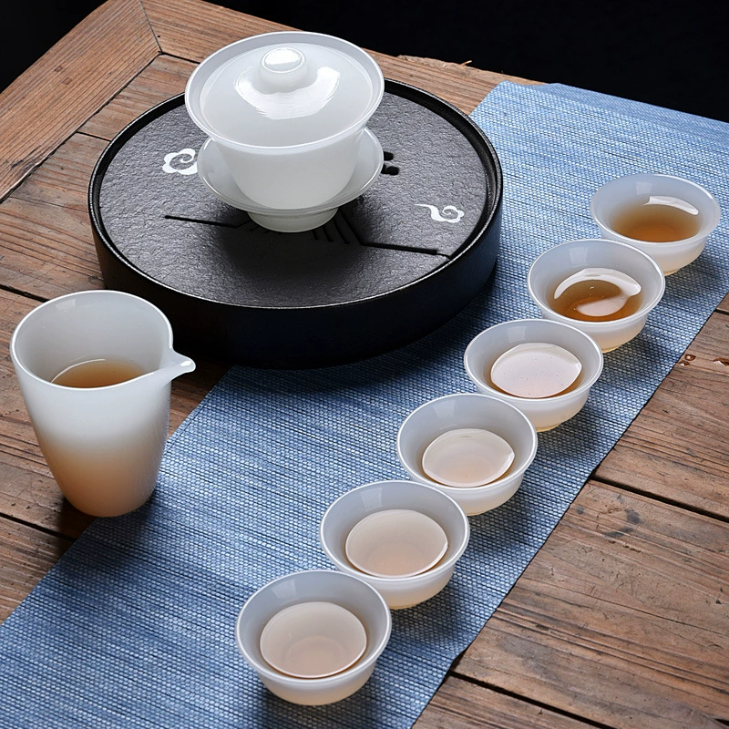 [玉瓷盖碗茶杯六杯阿富汗白瓷公道杯茶壶银鱼杯品茗杯功夫茶具套装]
