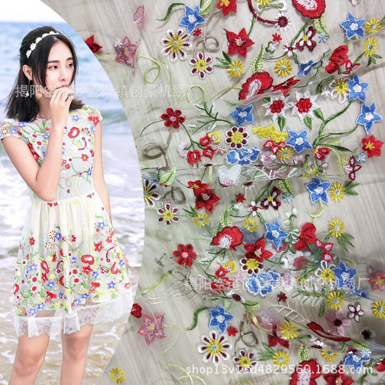 创豪绣品 服装面料彩色花草蕾丝刺绣满幅绣花 厂家直销量多优惠