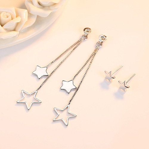 Korean version of exaggerated tassel fashionable earrings for women, white earrings jewelry, women's geometric five-pointed star back-hanging medium-length earrings