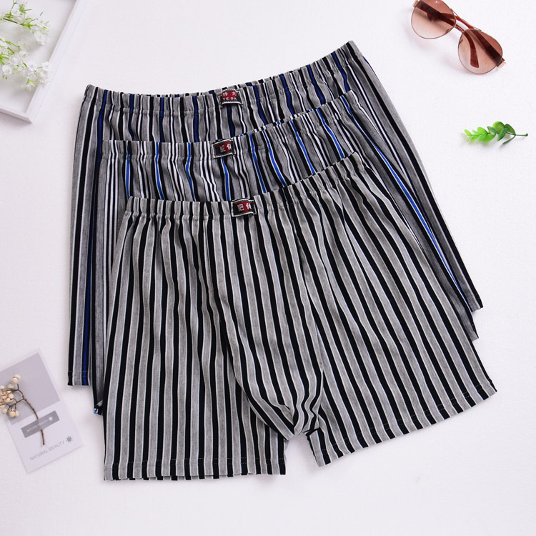 Men's Striped Loose-Fit Plus-Size Boxer Briefs with High Waist and Pockets, Breathable, Available for Dropshipping