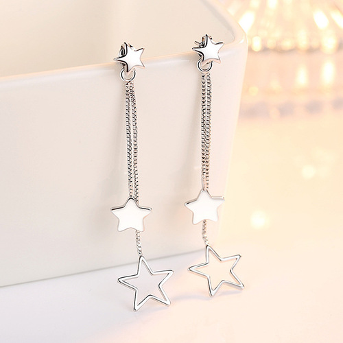 Korean version of exaggerated tassel fashionable earrings for women, white earrings jewelry, women's geometric five-pointed star back-hanging medium-length earrings