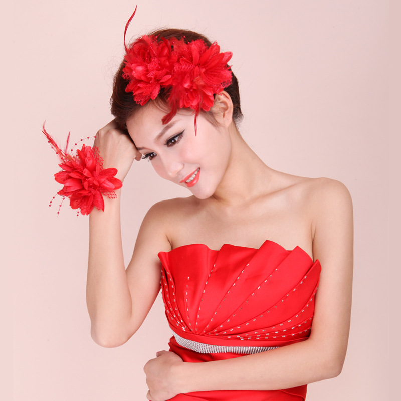 红色新娘婚庆羽毛头花拉丁舞蹈演出考级发饰拍照写真布艺花朵发夹